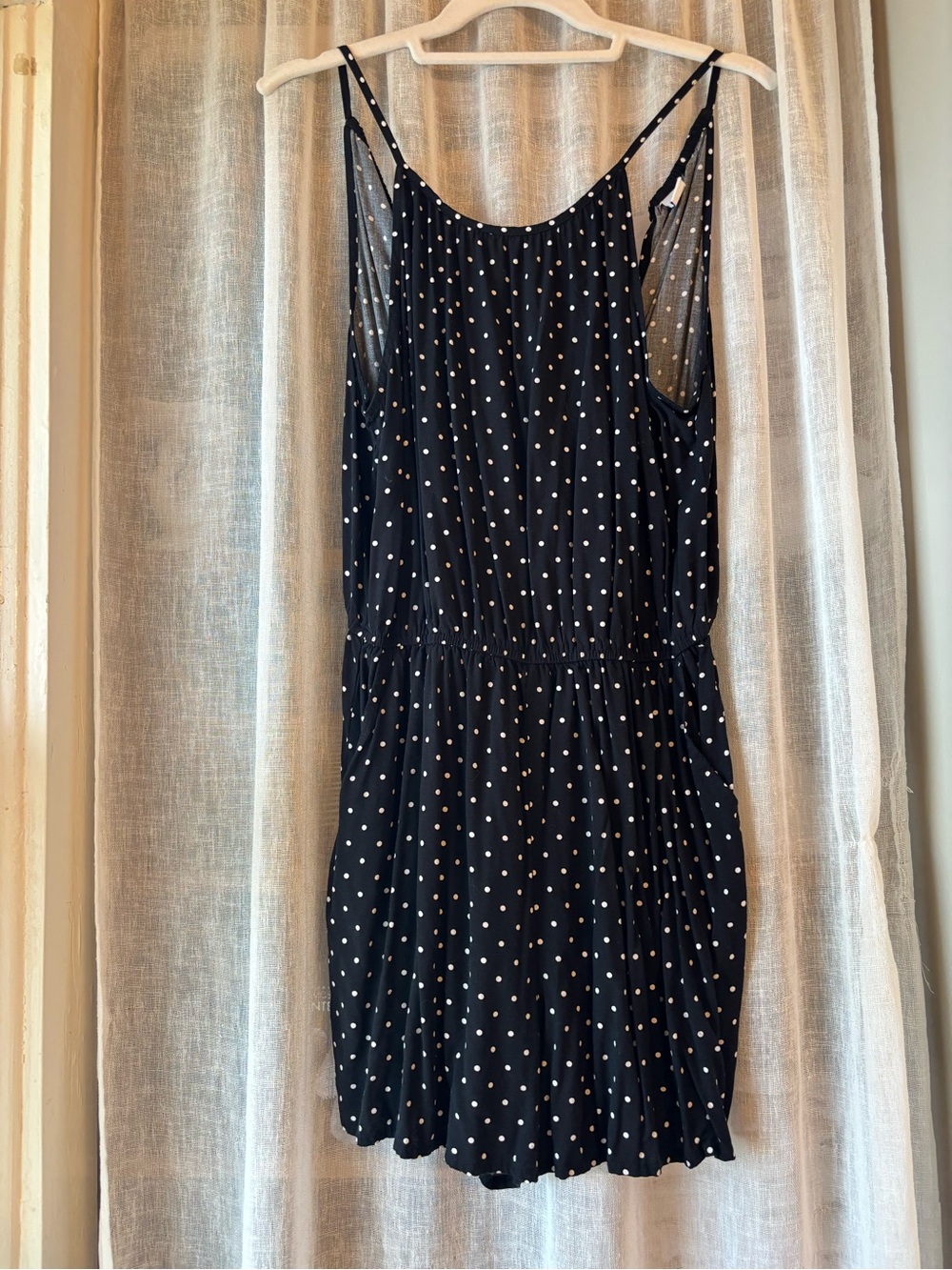 Black Polka Dot Spaghetti Strap romper with pockets